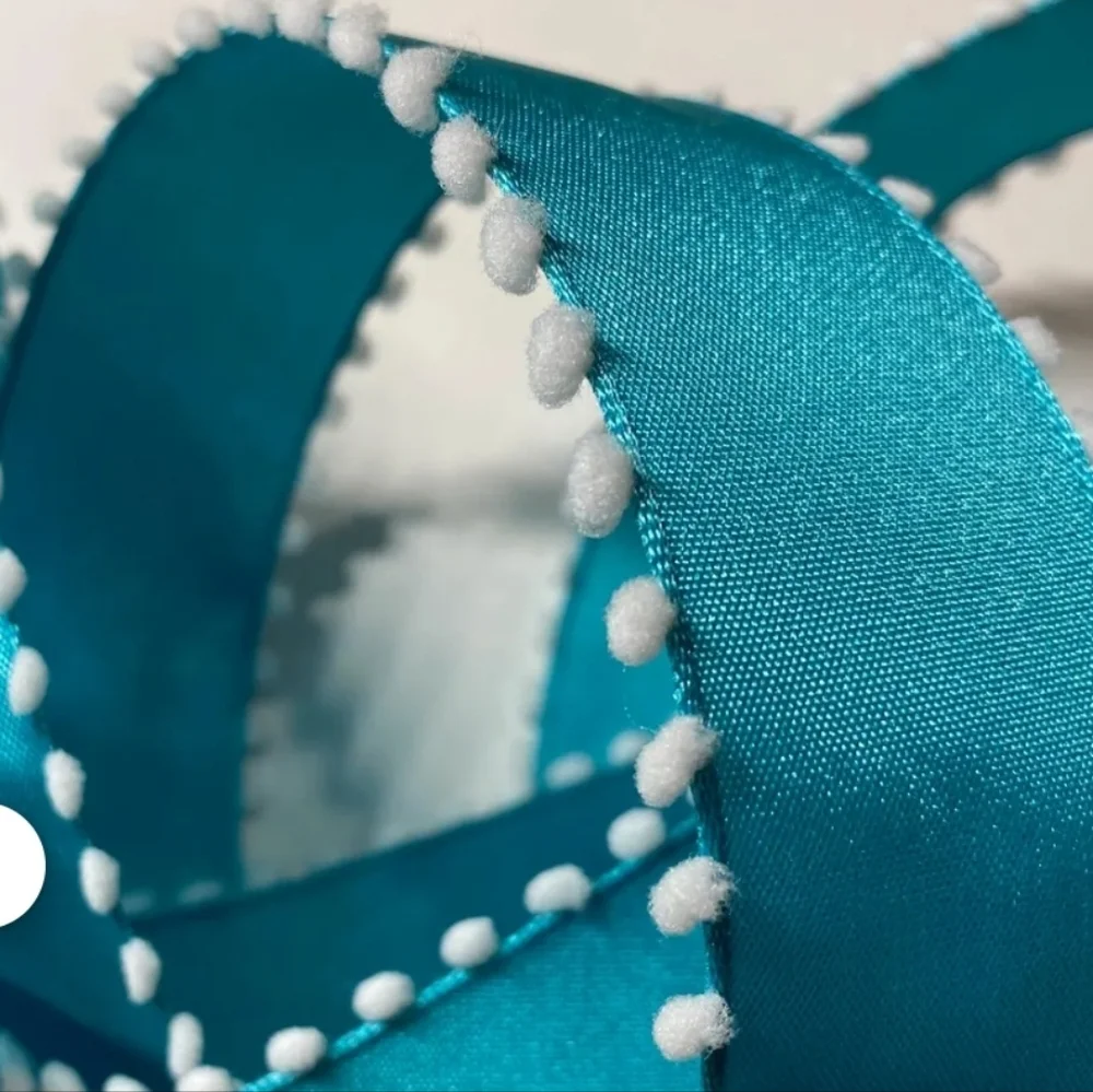 Ribbon Kirkland Wired Satiny Blue Teal Mini Pom Pom Edge 1.5